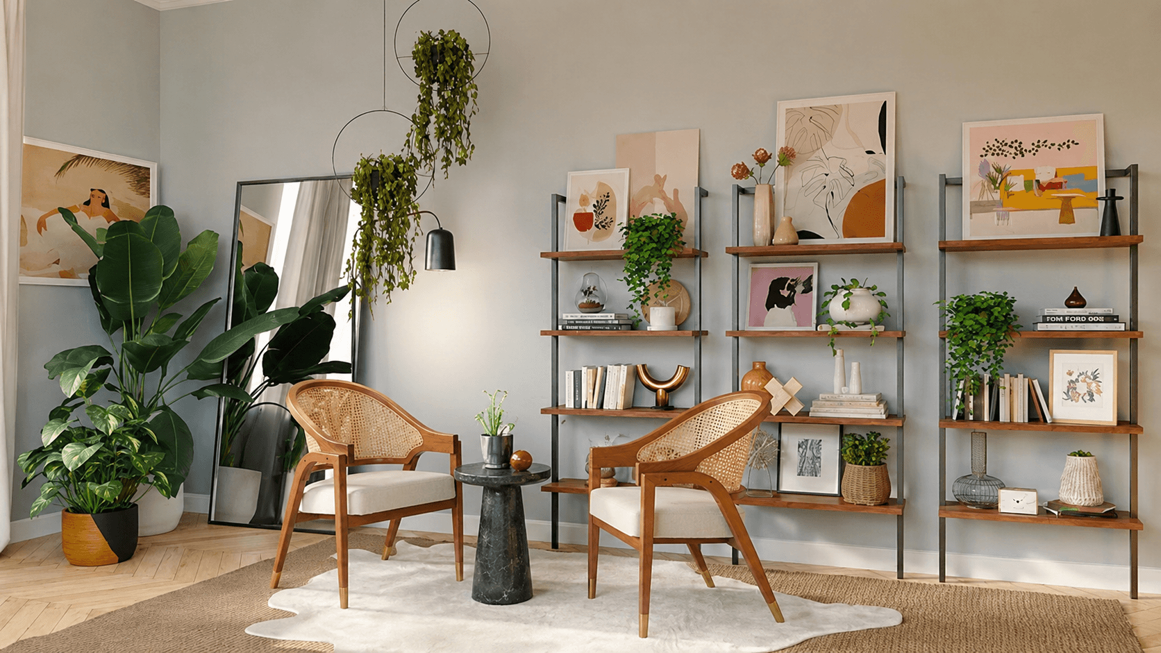 An editorial tan-leather lounge chair against a sage wall