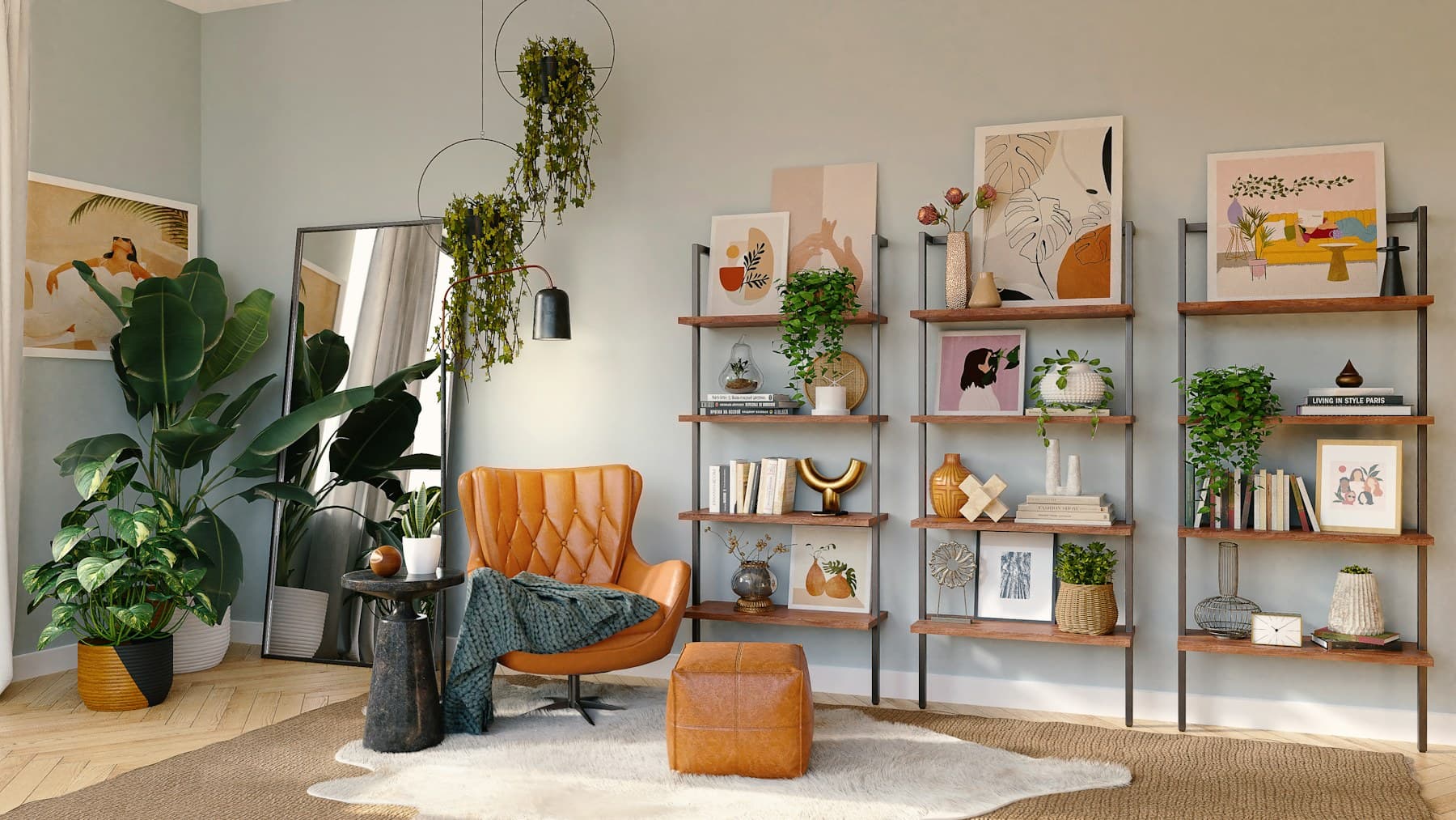 An editorial tan-leather lounge chair against a sage wall