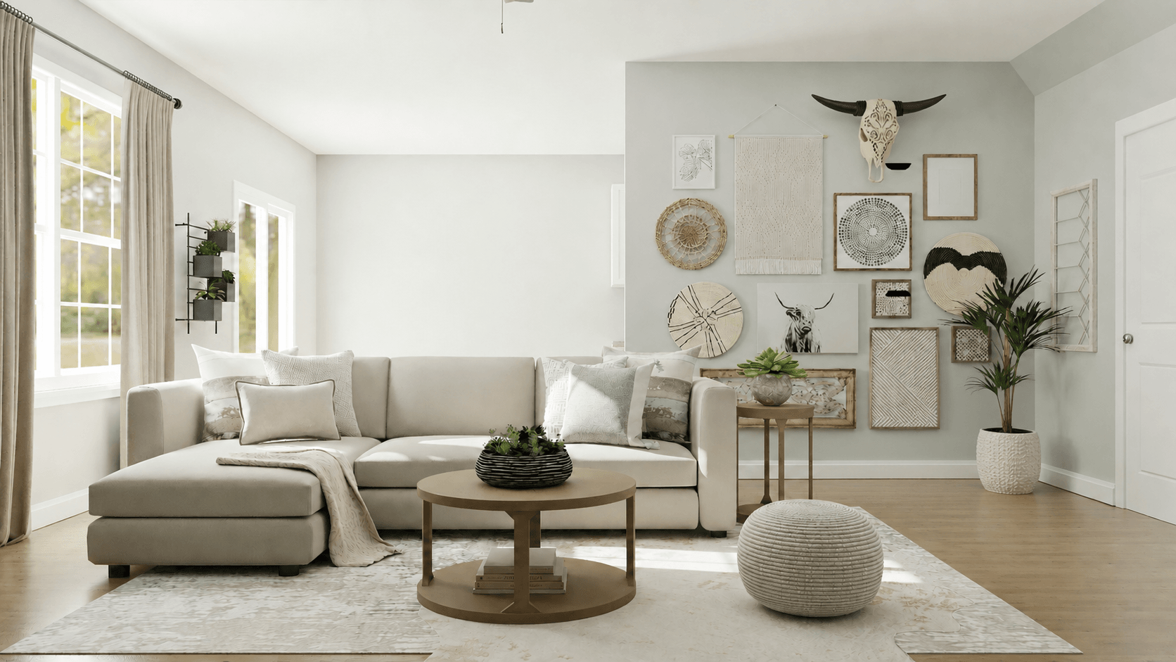 A calm sage-walled lounge furnished with a coordinated seating package