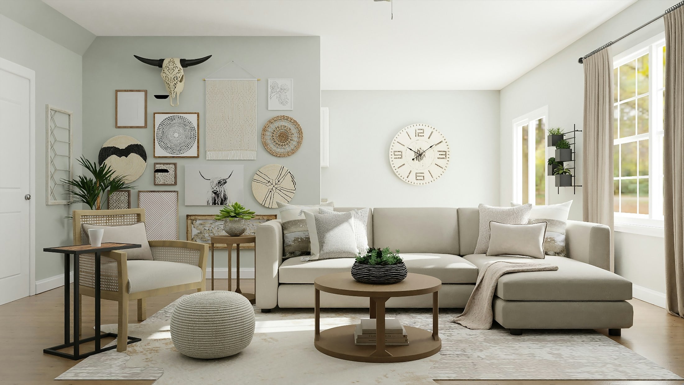 A calm sage-walled lounge furnished with a coordinated seating package