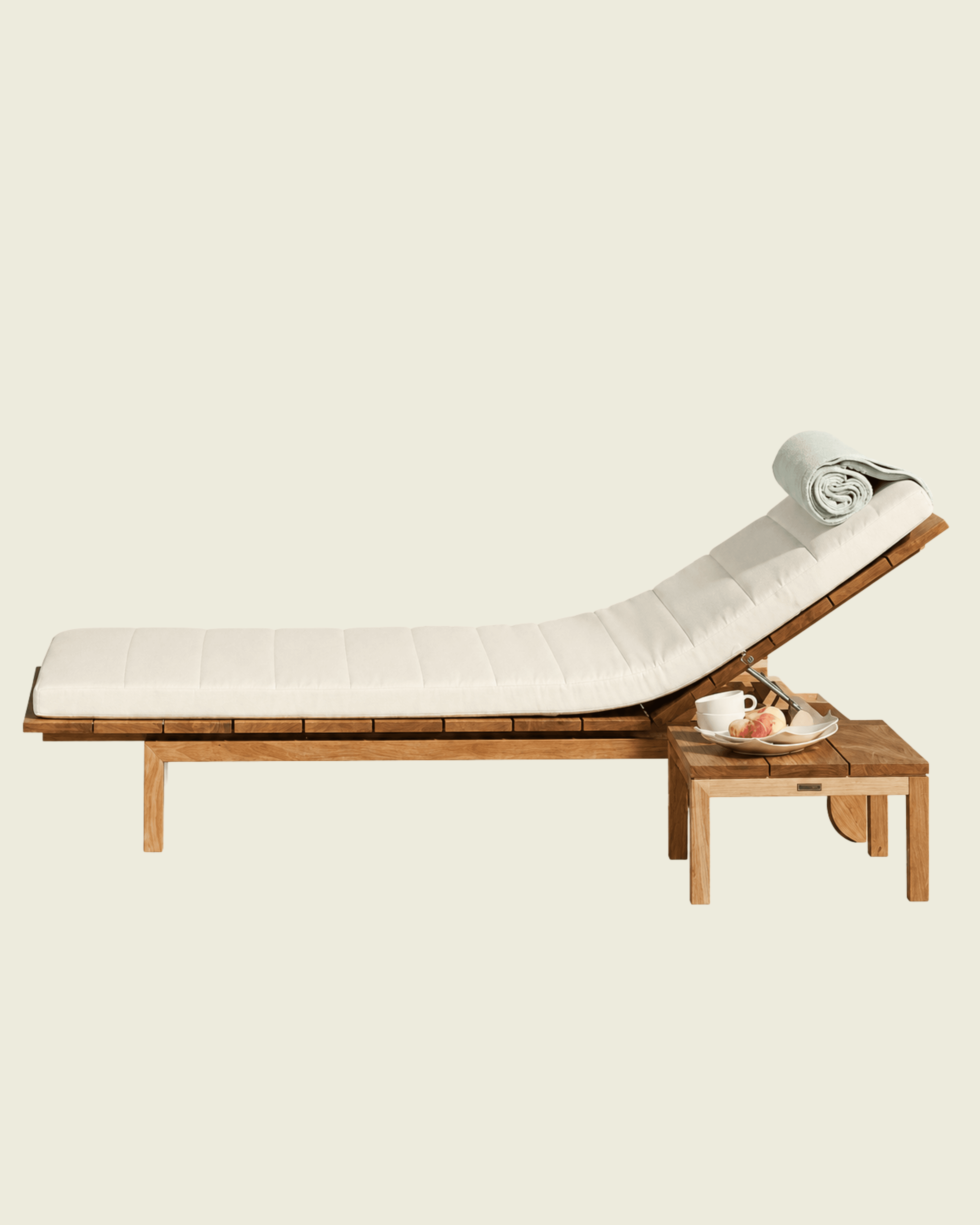 Illustrative lounge concept with a timber daybed, cream cushion and matching side table