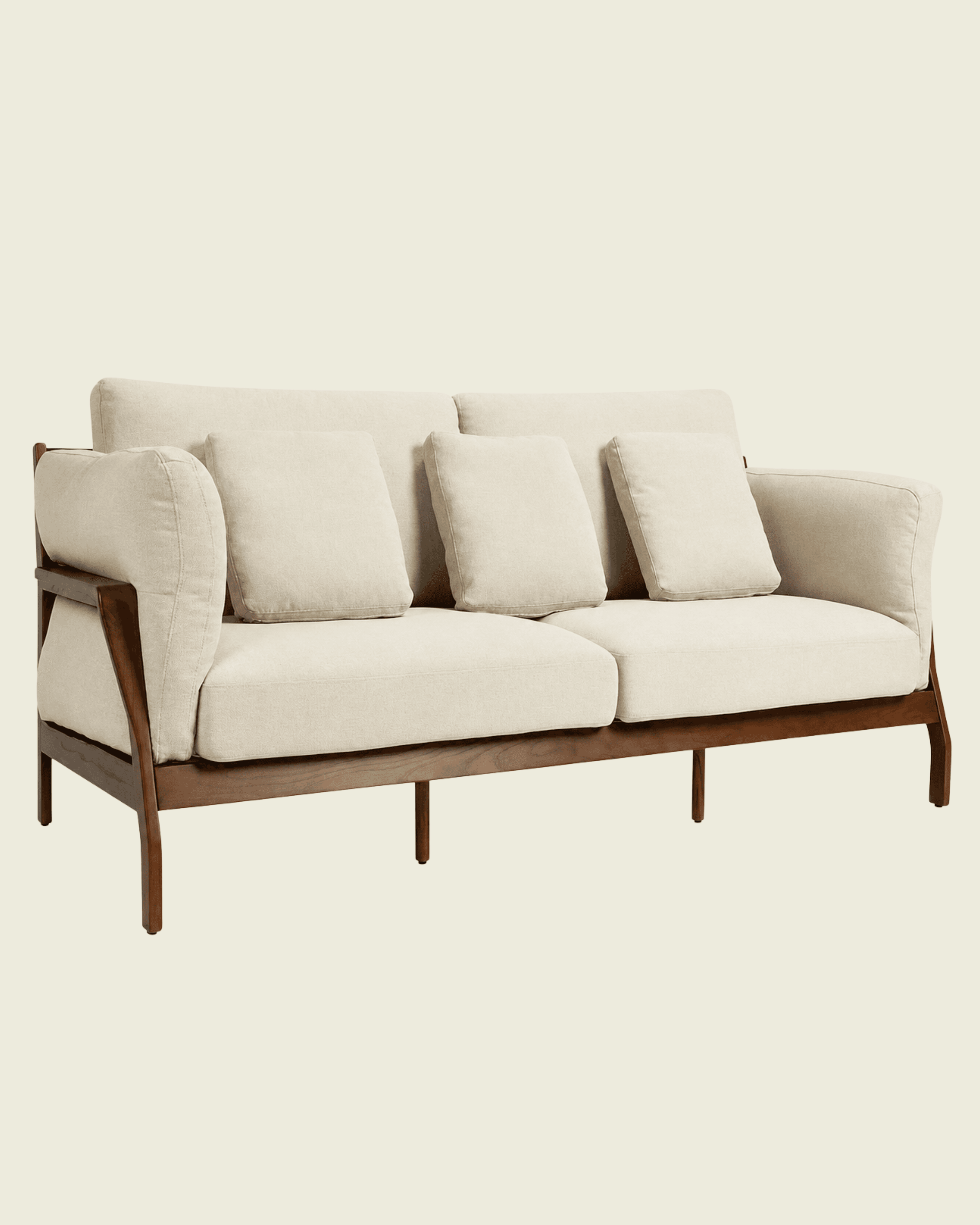 Illustrative reception seating concept with a timber-framed sofa and pale upholstery