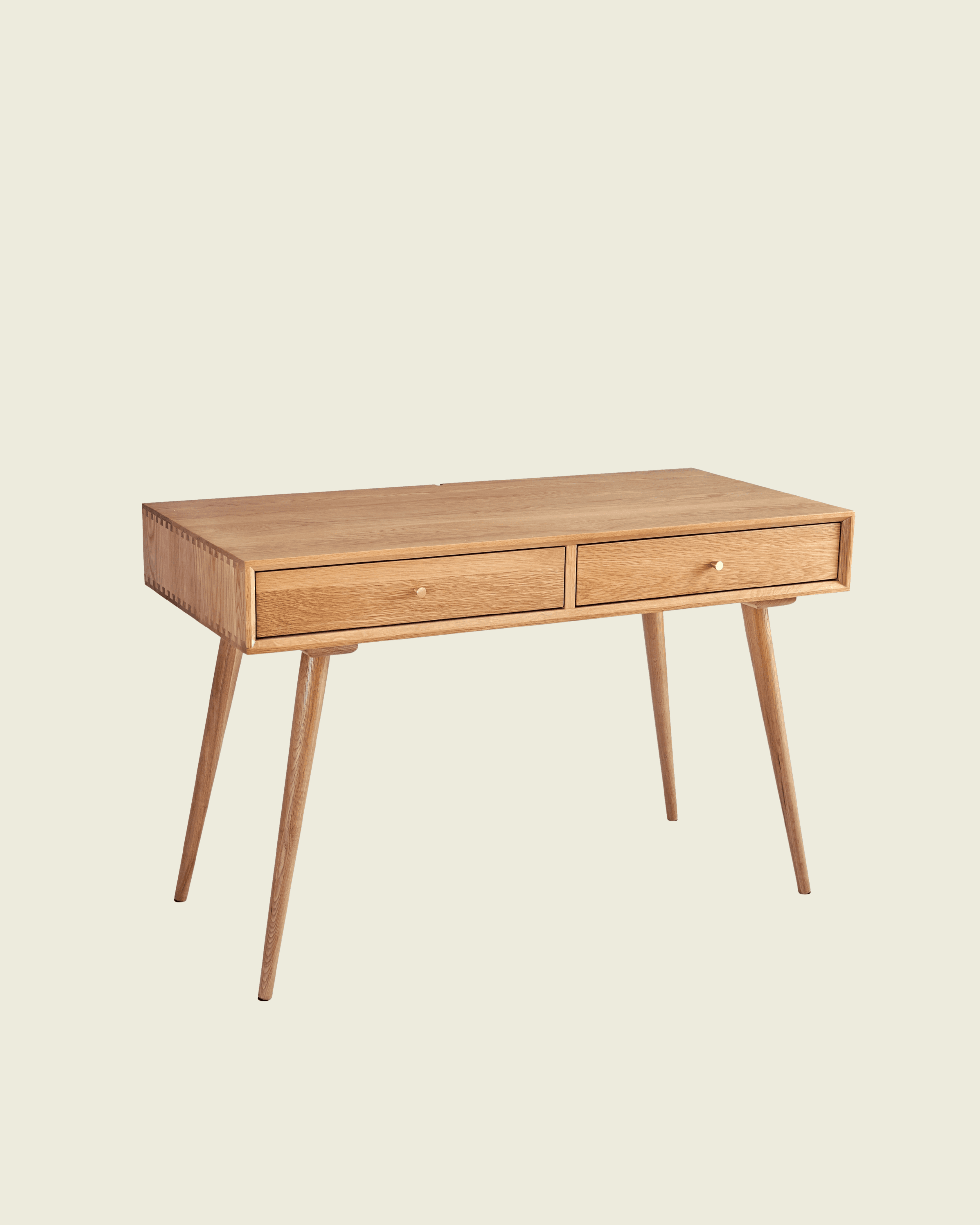 Illustrative workspace concept with a timber writing desk, two drawers and tapered legs