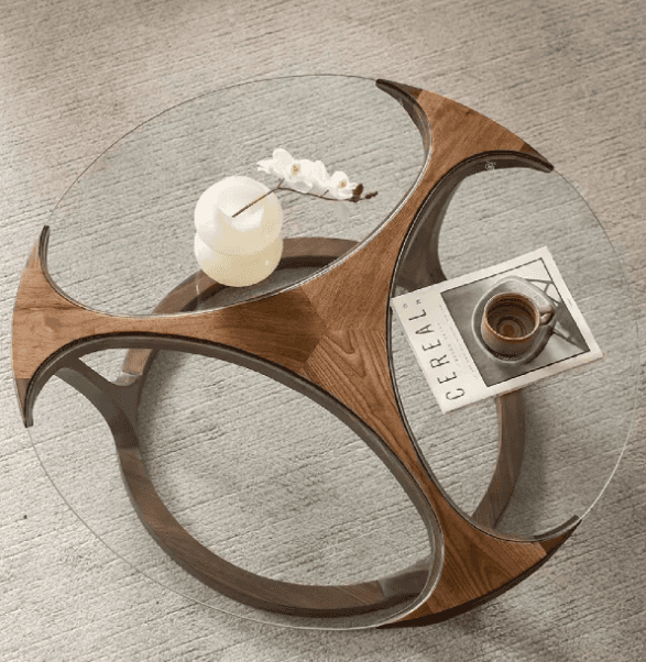 Glass-Top Sculptural Wood Coffee Table