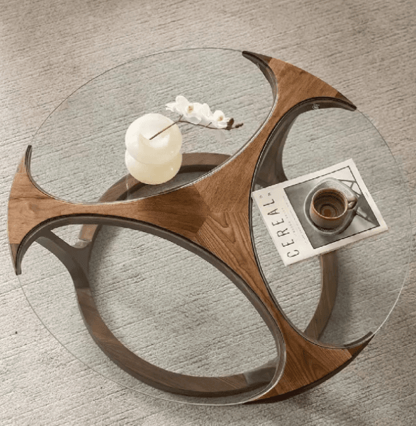 Glass-Top Sculptural Wood Coffee Table